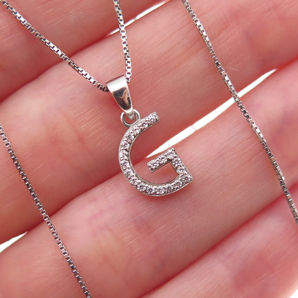 925 Sterling Silver Round-Cut C Z Letter G Initial Box Chain Necklace 18"