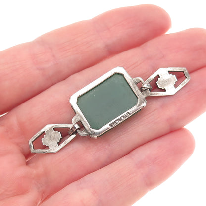 925 Sterling Antique Art Deco Real Green Onyx & Marcasite Bracelet Centerpiece