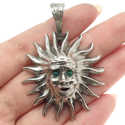 925 Sterling Silver Vintage Real Green Onyx Sun Face Oxidized Pendant