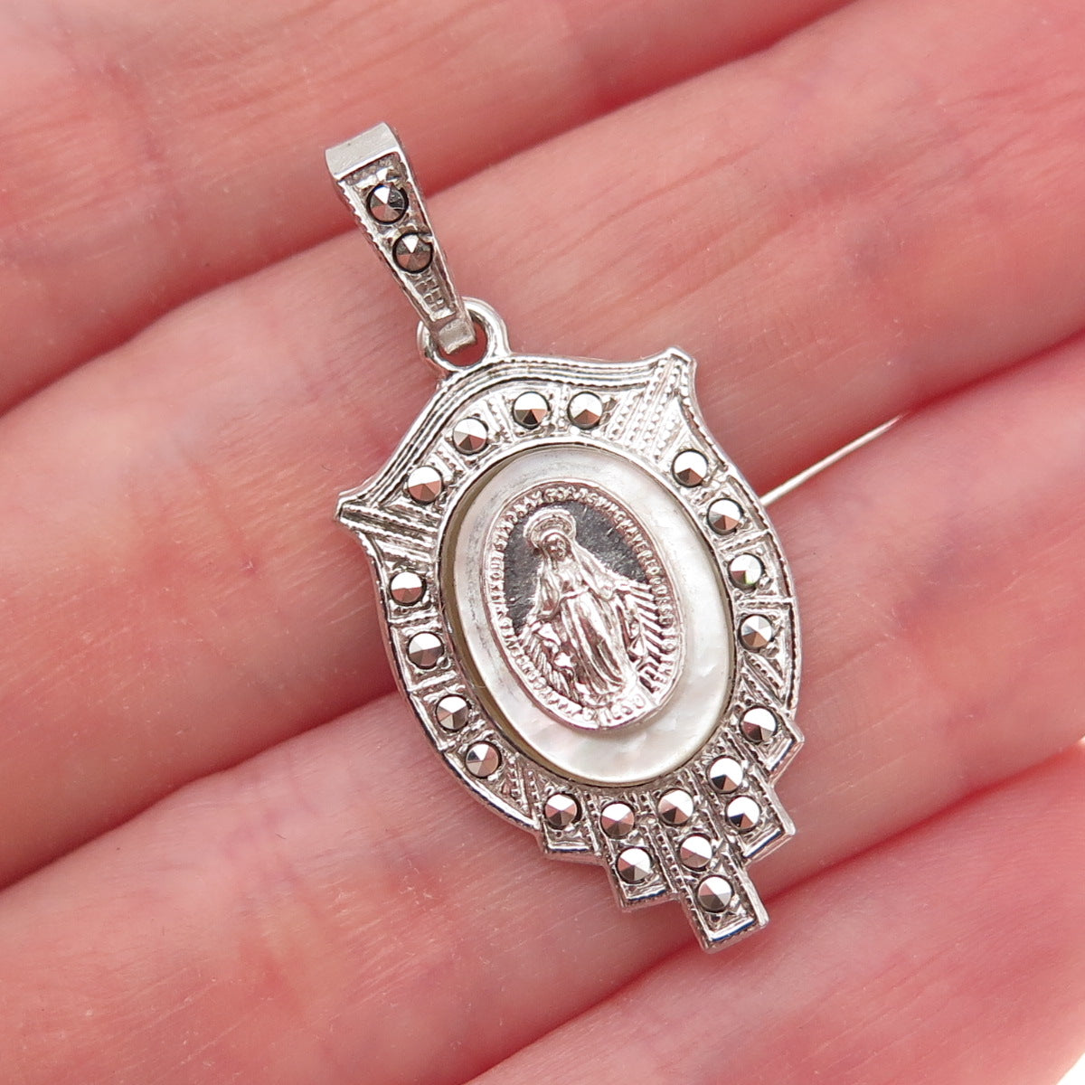 925 Sterling Silver Antique Art Deco Real MOP & Marcasite St. Mary Charm Pendant