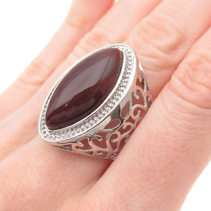 Ken Crafts 925 Sterling Silver Real Red Agate Floral Scroll Ring Size 9