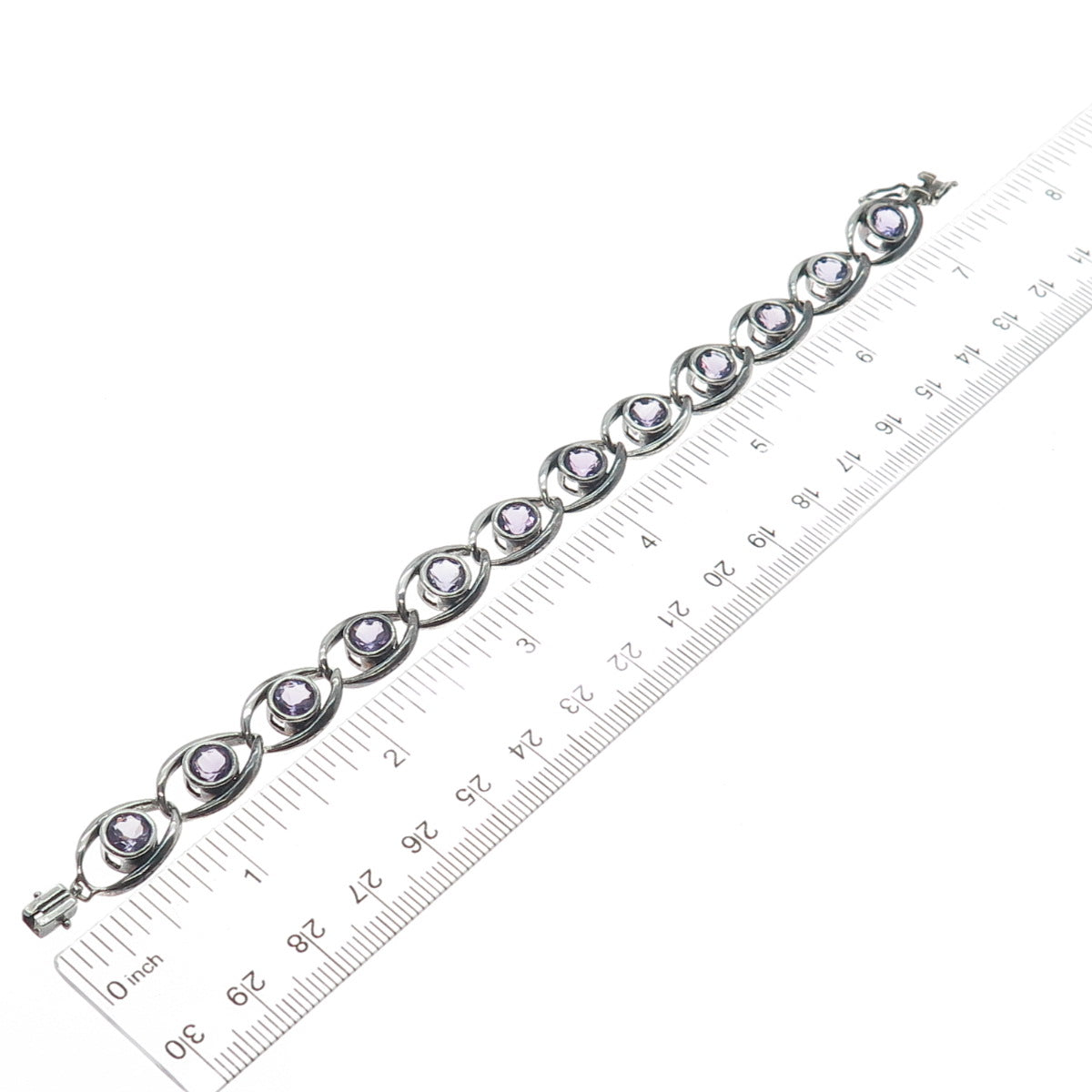 925 Sterling Silver Vintage Real Amethyst Gem Oval Link Oxidized Bracelet 7"