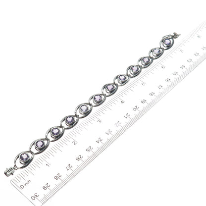 925 Sterling Silver Vintage Real Amethyst Gem Oval Link Oxidized Bracelet 7"