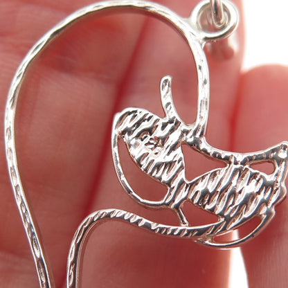 925 Sterling Silver Vintage Real Amber Modernist Cat Charm Pendant