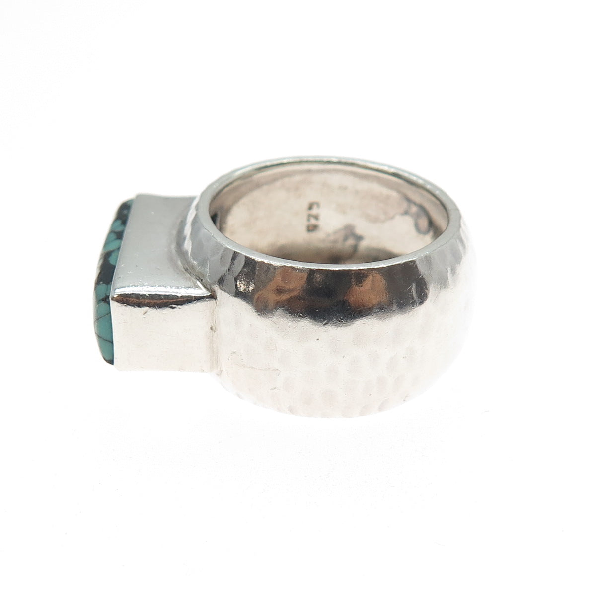 925 Sterling Silver Vintage Real Peacock Turquoise Hammered Finish Ring Size 7.5