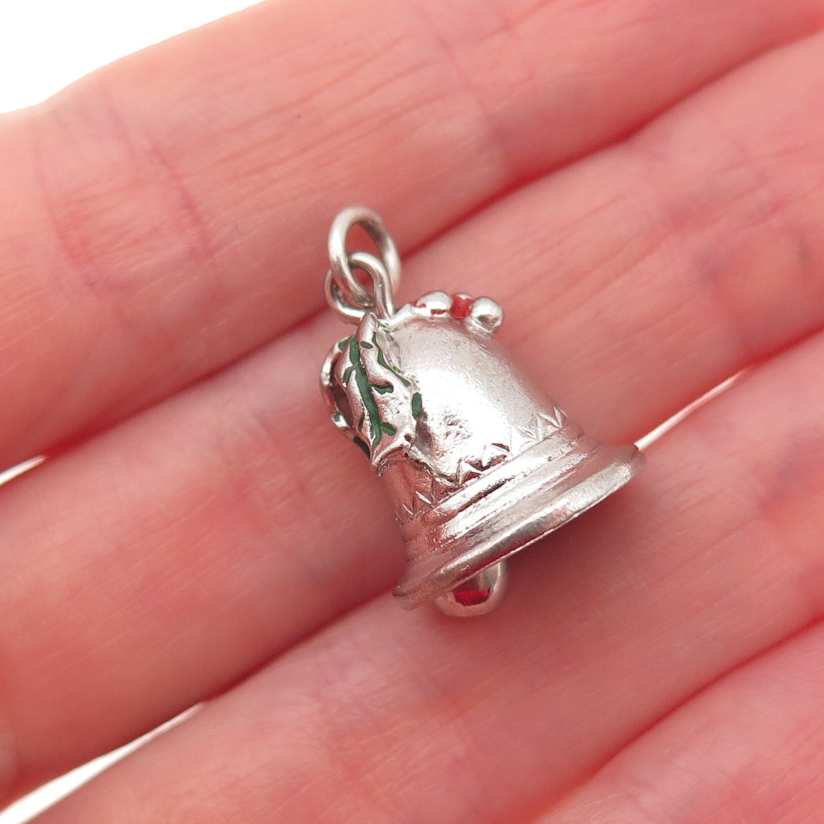 925 Sterling Silver Vintage Enamel Christmas Bell 3D Mini Charm Pendant