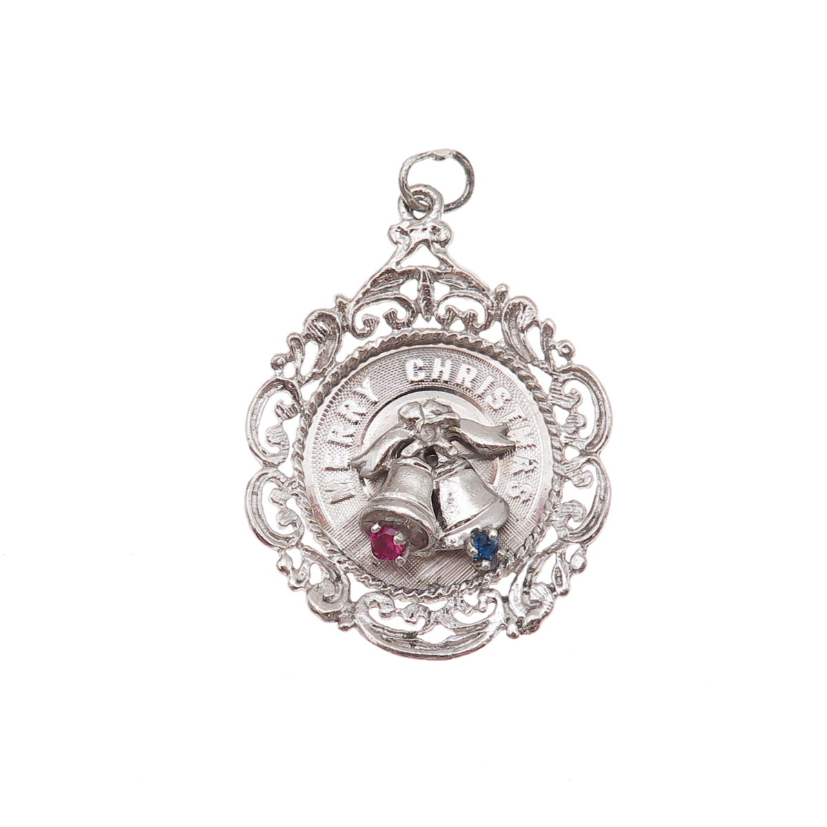 925 Sterling Silver Vintage Rhinestone Merry Christmas Bells Charm Pendant