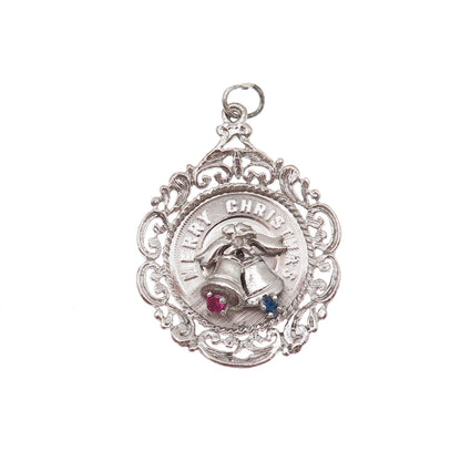 925 Sterling Silver Vintage Rhinestone Merry Christmas Bells Charm Pendant
