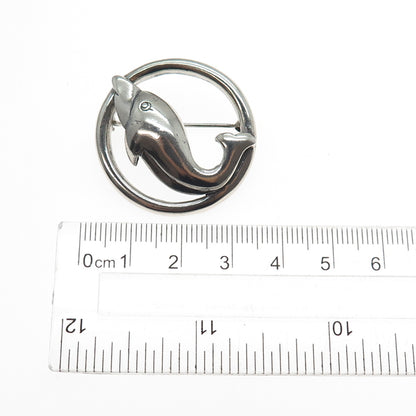 925 Sterling Silver Vintage Dolphin Oxidized Pin Brooch