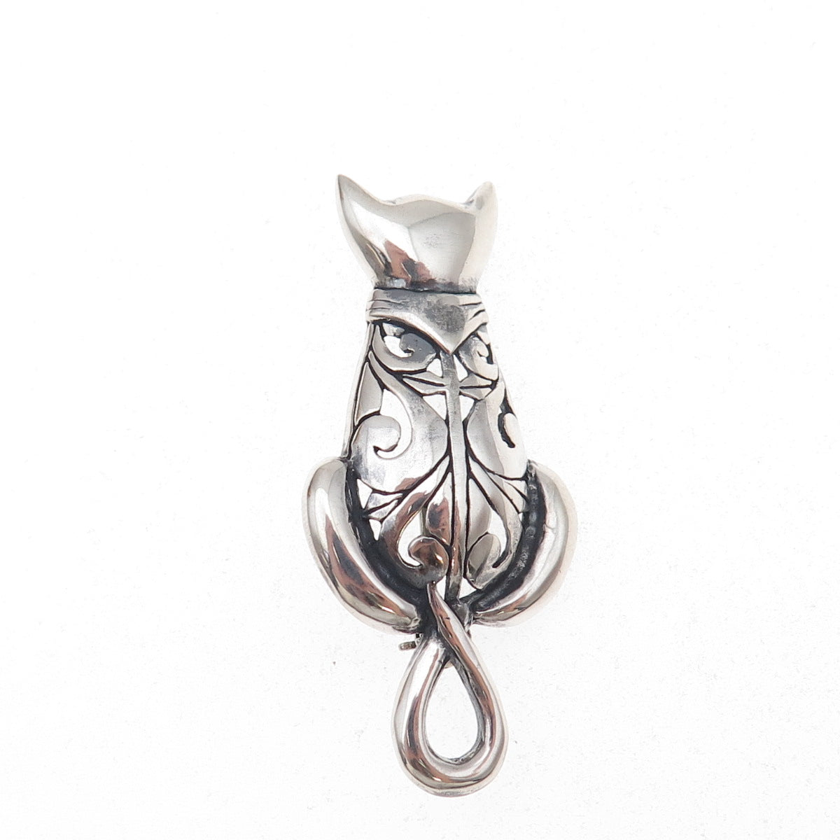 Jezlaine 925 Sterling Silver Vintage Cat Floral Scroll Oxidized Pin Brooch