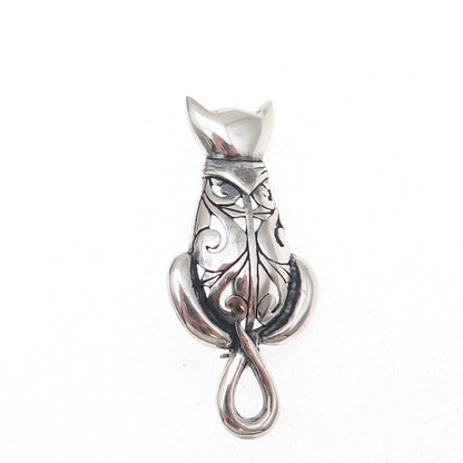 Jezlaine 925 Sterling Silver Vintage Cat Floral Scroll Oxidized Pin Brooch