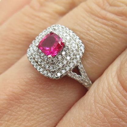 925 Sterling Silver Cushion-Cut Lab-Created Pink Sapphire & C Z Ring Size 7