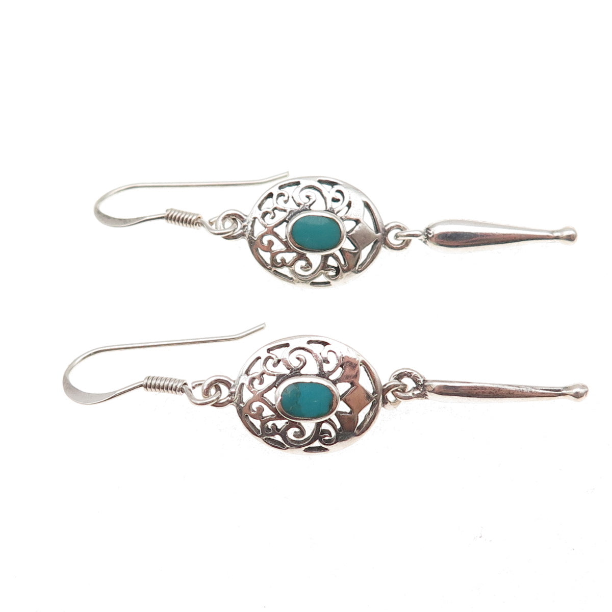 925 Sterling Silver Vintage Real Turquoise Floral Oxidized Dangle Earrings