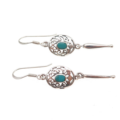 925 Sterling Silver Vintage Real Turquoise Floral Oxidized Dangle Earrings