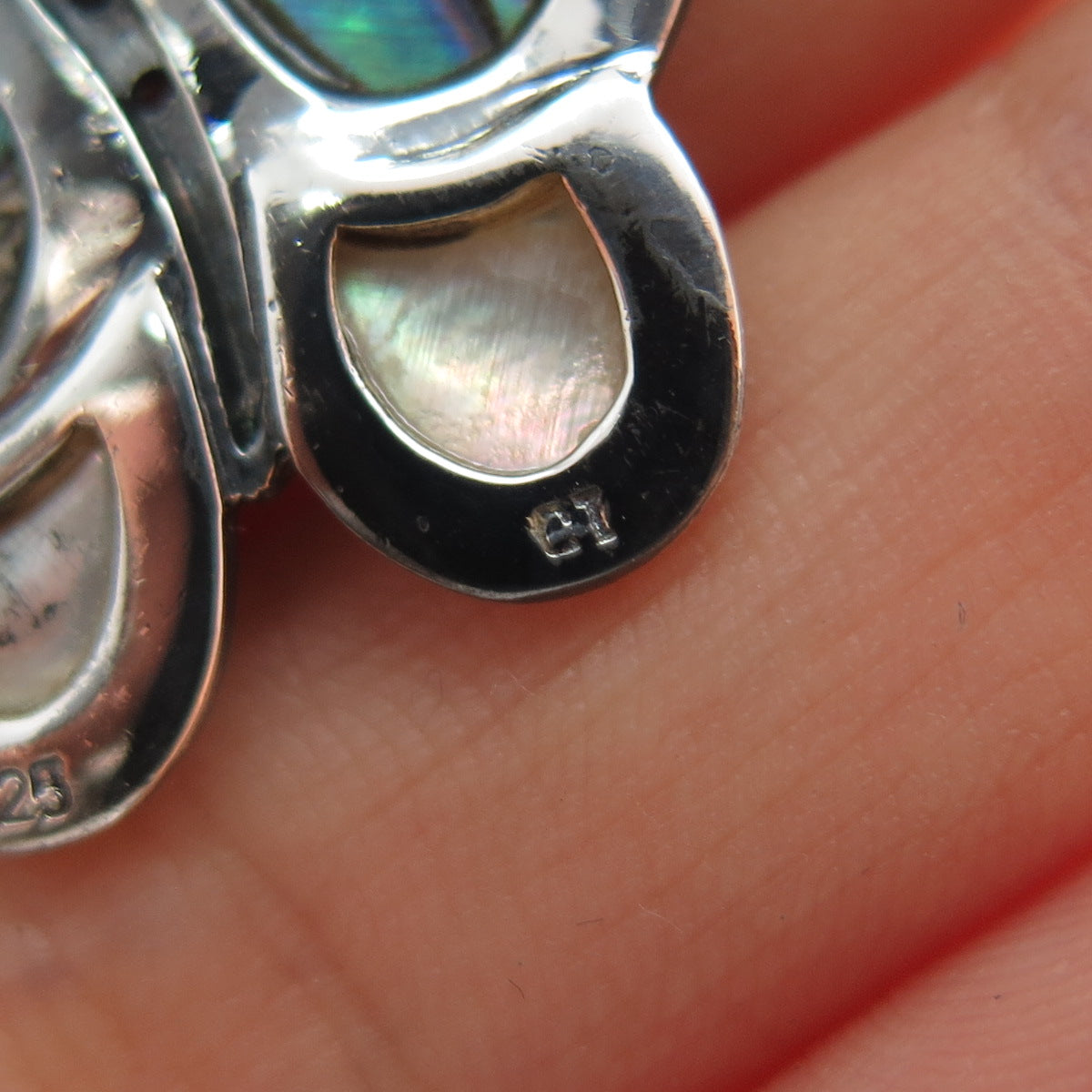 925 Sterling Silver Vintage Real Abalone Shell MOP C Z Butterfly Brooch Pendant