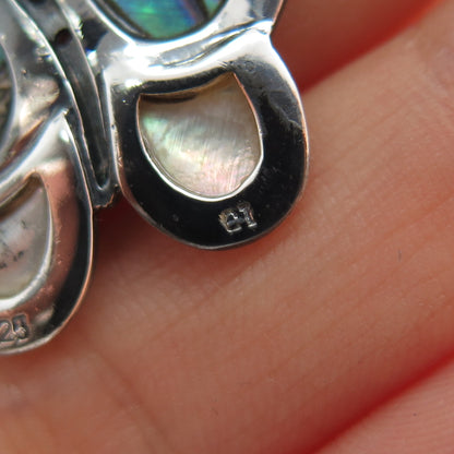 925 Sterling Silver Vintage Real Abalone Shell MOP C Z Butterfly Brooch Pendant