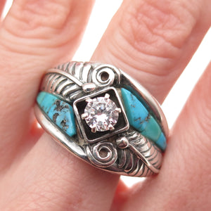 Carolyn Pollack Old Pawn Sterling Vintage Turquoise C Z Feather Ring Size 12.75