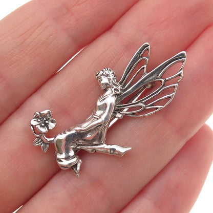 Jezlaine 925 Sterling Silver Vintage Fairy Floral Oxidized Pin Brooch