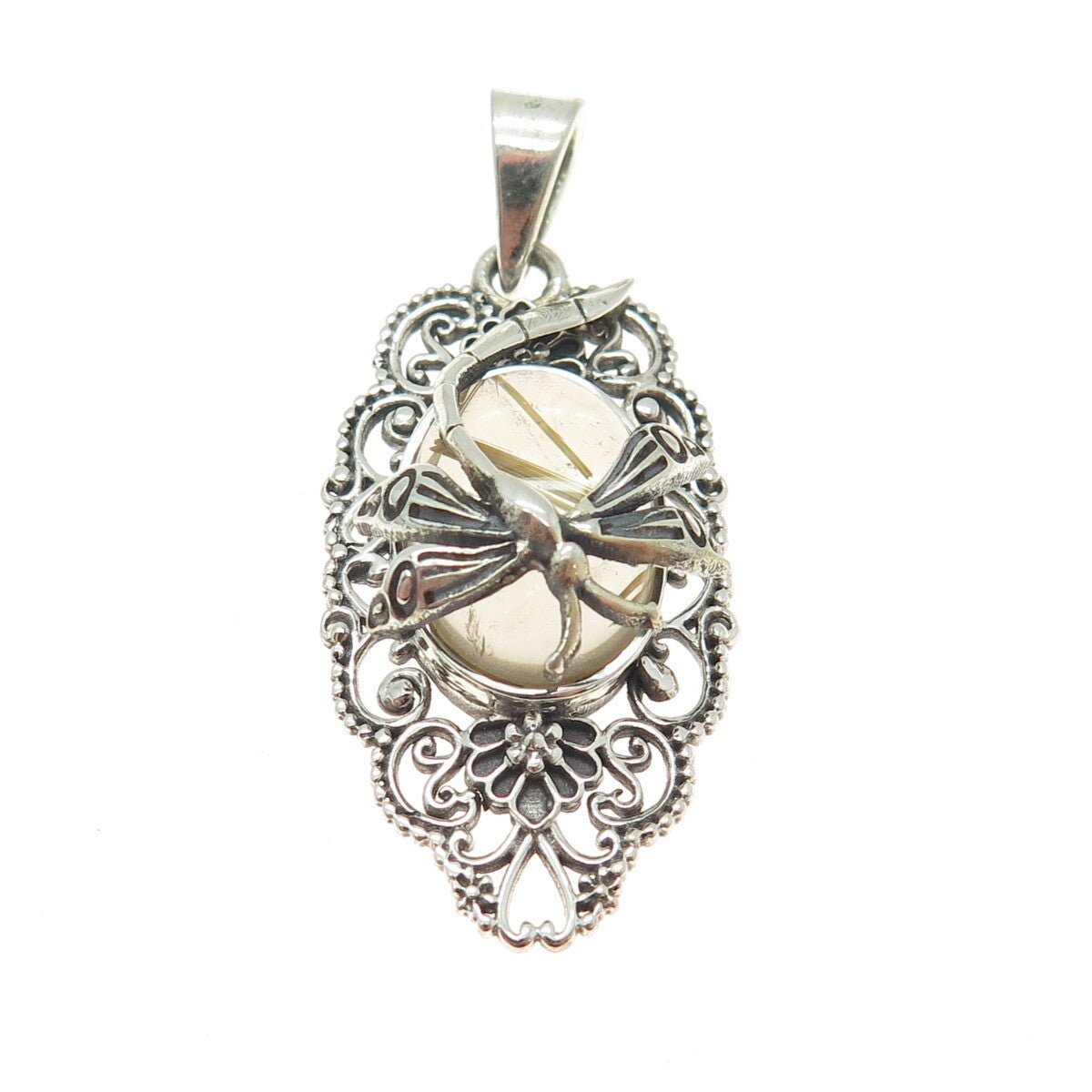 925 Sterling Silver Vintage Real Rutilated Quartz Dragonfly Oxidized Pendant