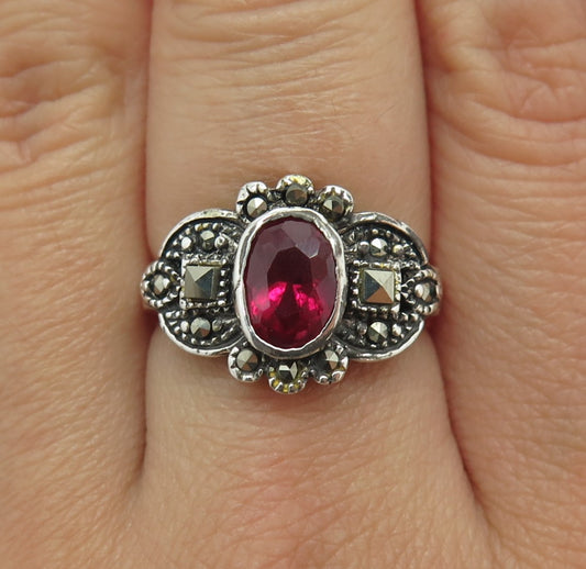 925 Sterling Silver Vintage Marcasite Gemstone & Lab-Created Ruby Ring Size 7.25