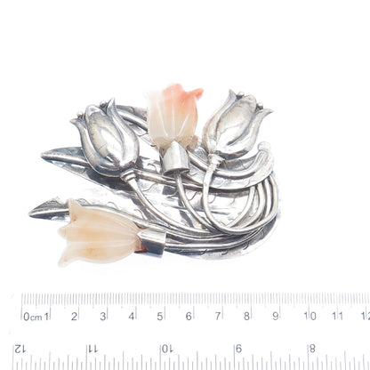 925 Sterling Silver Vintage Mexico Real Carved Agate Tulip Oxidized Pin Brooch