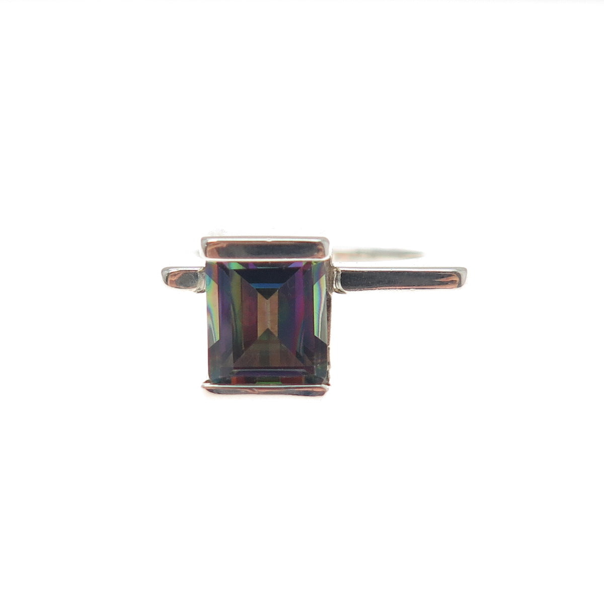 925 Sterling Silver Vintage Real Emerald-Cut Mystic Topaz Modernist Ring Size 8