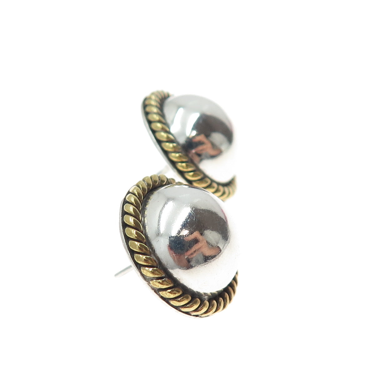 LATON 925 Sterling Silver 2-Tone Vintage Mexico Modernist Roped Dome Earrings