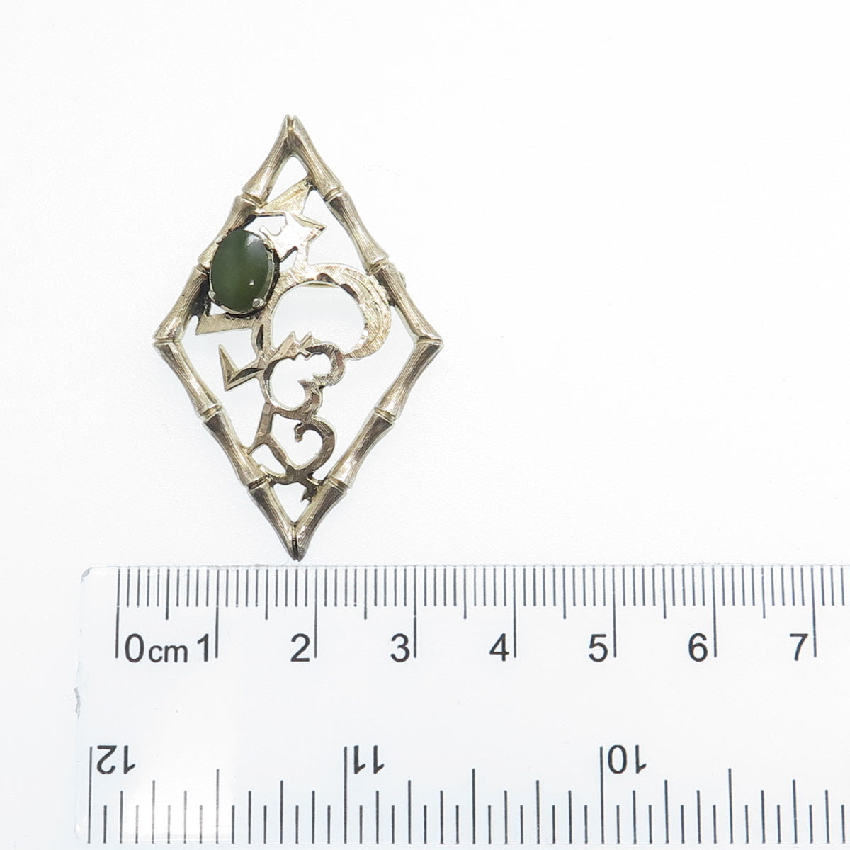 WELLS 925 Sterling Silver Gold Plated Vintage Real Jade Heart Bamboo Pin Brooch