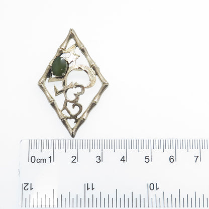 WELLS 925 Sterling Silver Gold Plated Vintage Real Jade Heart Bamboo Pin Brooch