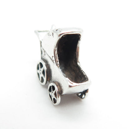 925 Sterling Silver Vintage Baby Carriage 3D Charm Pendant