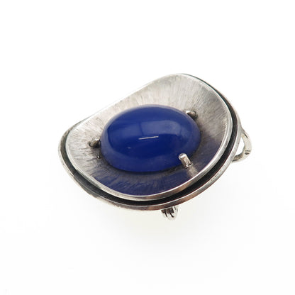 925 Sterling Silver Vintage Real Blue Onyx Modernist Oxidized Pin Brooch Pendant
