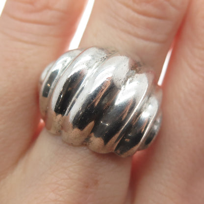 925 Sterling Silver Vintage Mexico Modernist Ribbed Dome Oxidized Ring Size 8