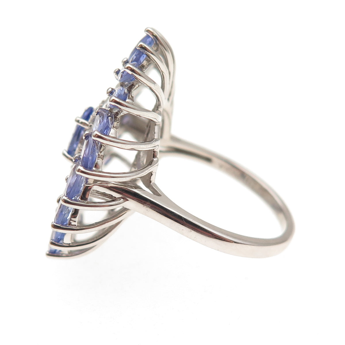 925 Sterling Silver Real Tanzanite & White Topaz Floral Ring Size 8.25