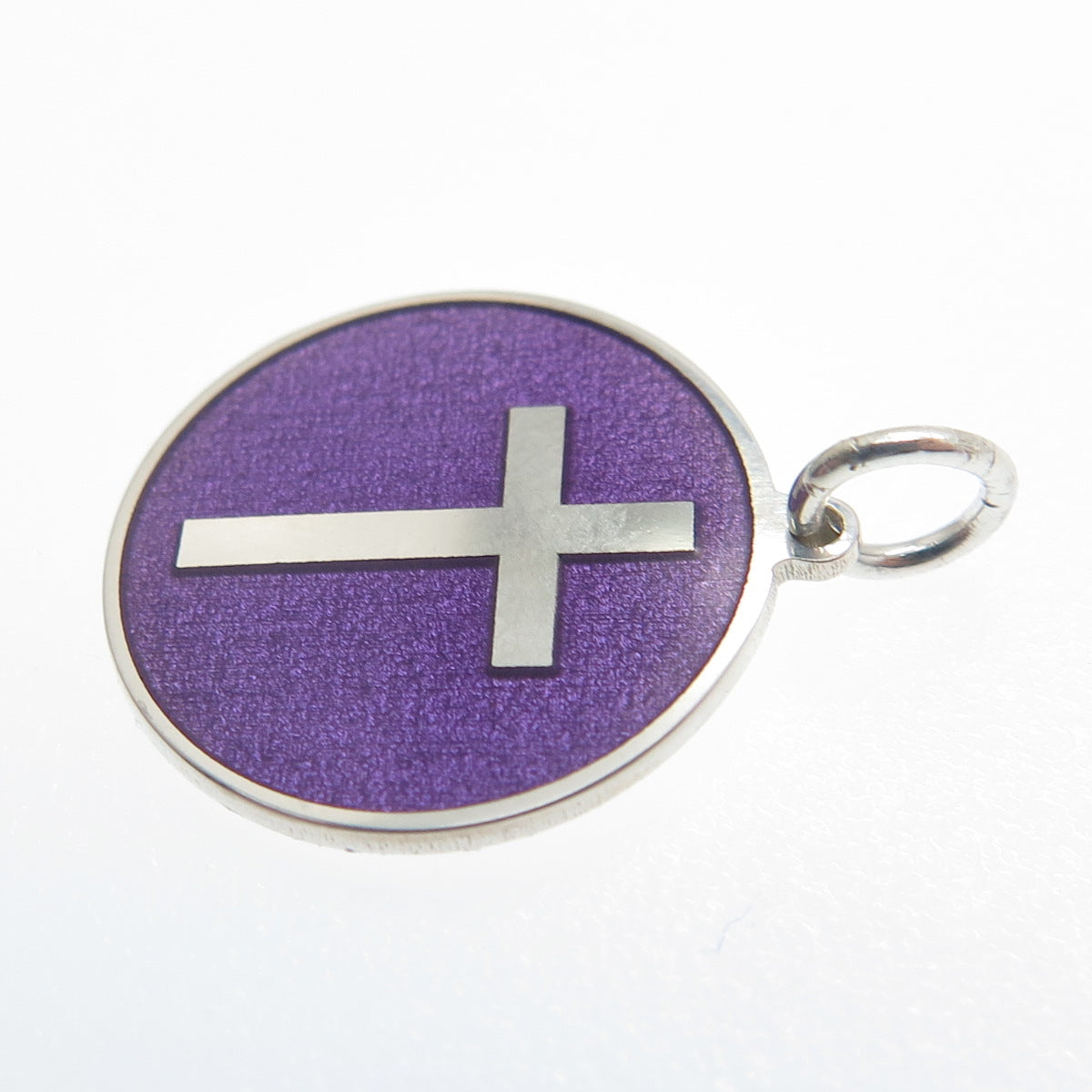925 Sterling Silver Purple Enamel Cross Round Tag Minimalist Charm Pendant