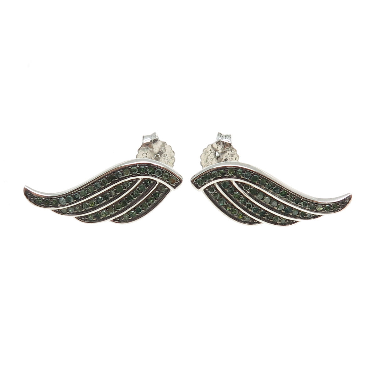 925 Sterling Silver Real Round-Cut Green Diamond Angel Wing Earrings