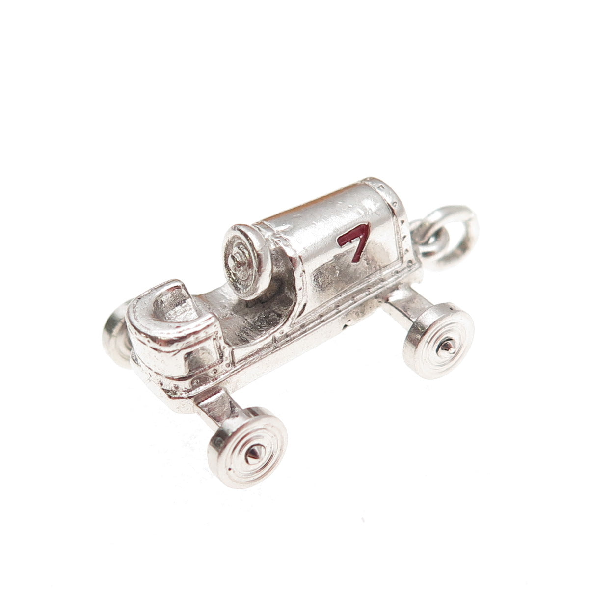 Wells Sterling Silver Vintage Enamel Number 7 Retro Racing Car 3D Mini Pendant