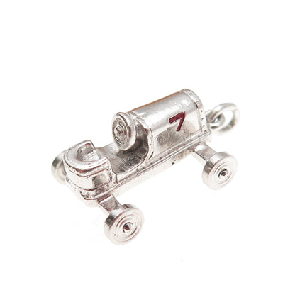 Wells Sterling Silver Vintage Enamel Number 7 Retro Racing Car 3D Mini Pendant