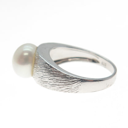 925 Sterling Silver Vintage Real Pearl Textured Ring Size 7.25