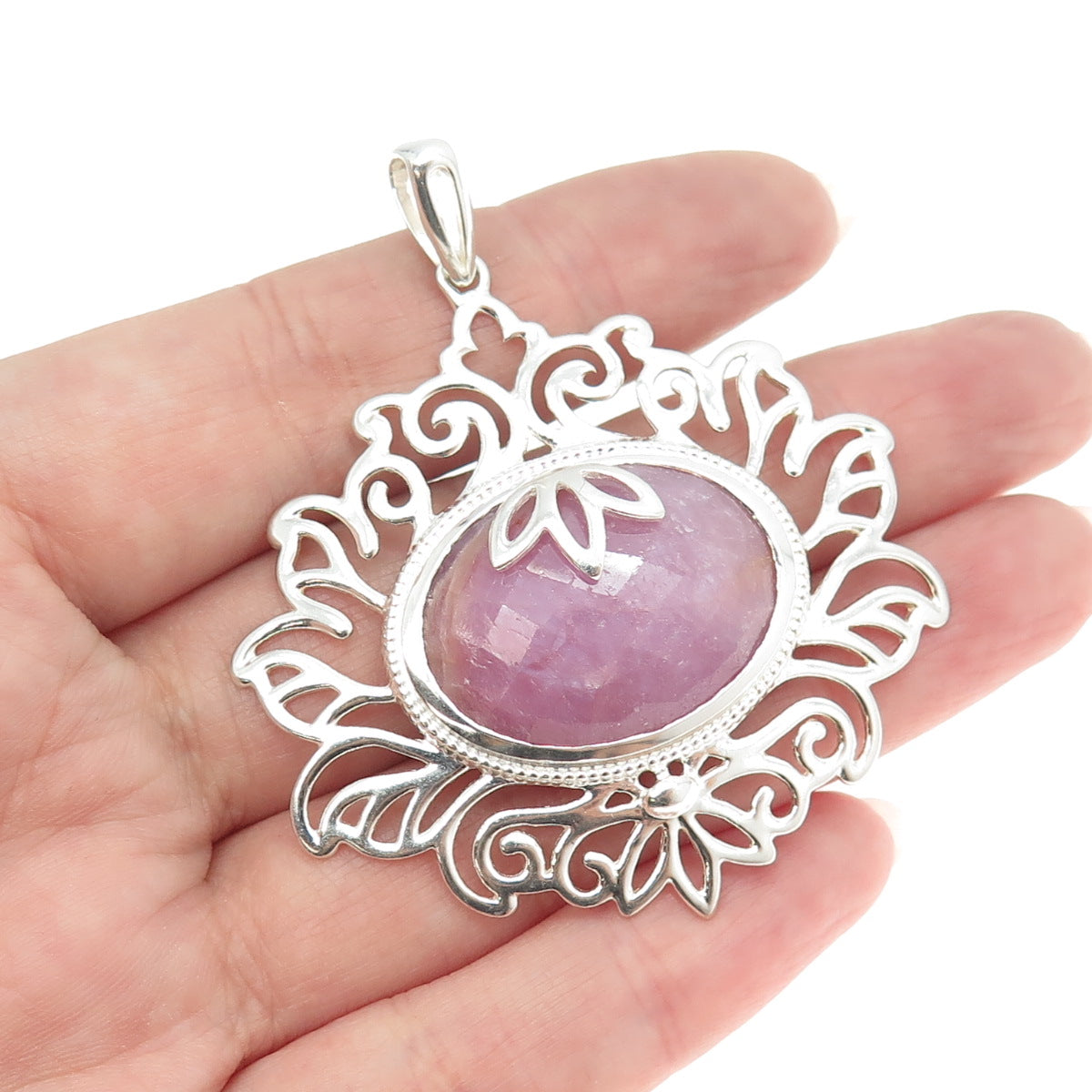 925 Sterling Silver Real Pink Sapphire Gemstone Ornate Pendant