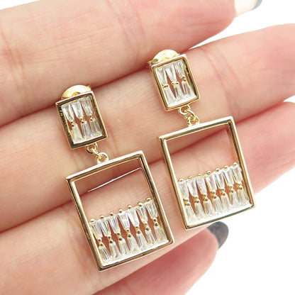 925 Sterling Silver Gold Plated Tapered Baguette-Cut Shaped C Z Dangle Earrings