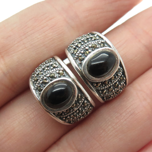 925 Sterling Silver Vintage Black Onyx & Marcasite Gem Art-Deco-Style Earrings