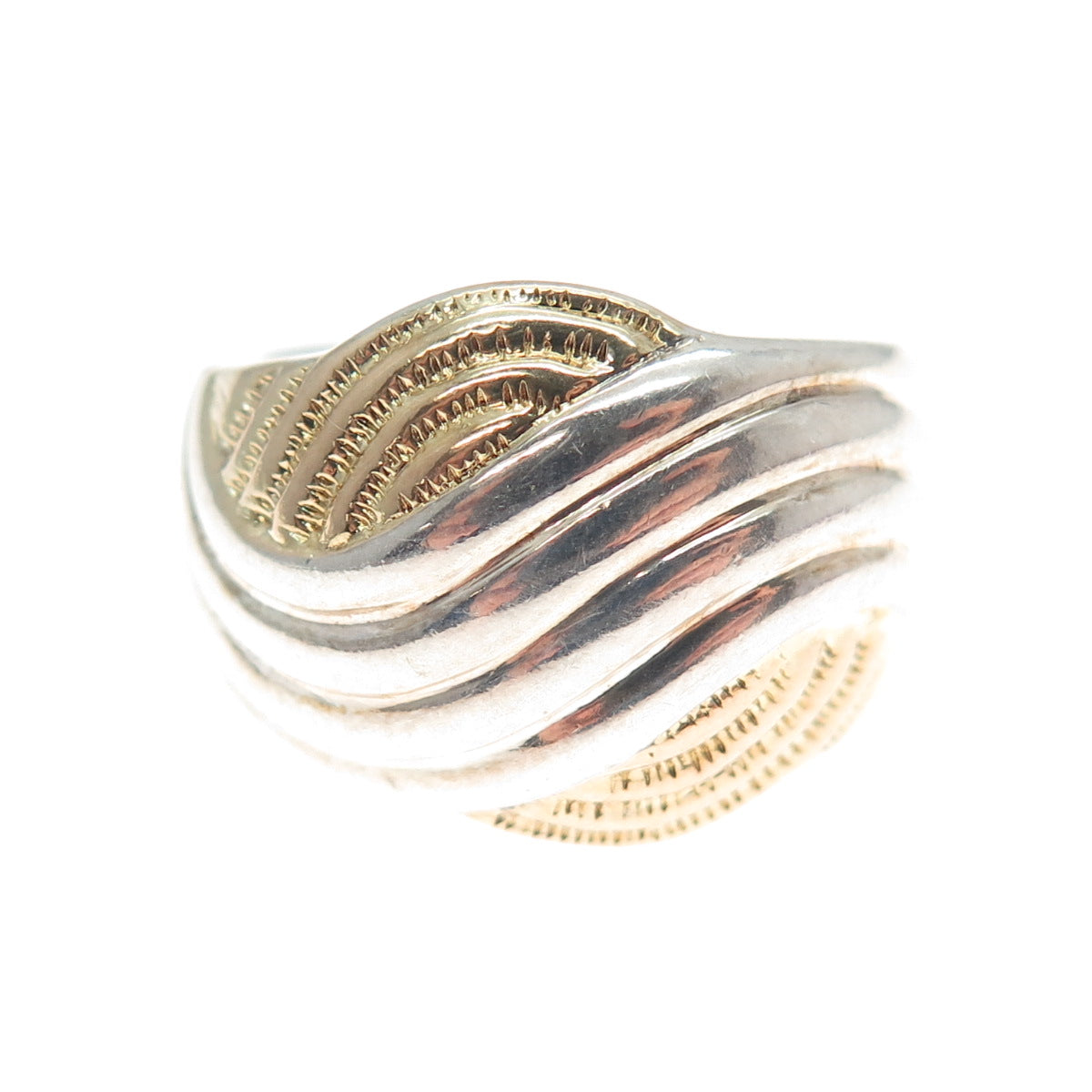 925 Sterling Silver 2-Tone Vintage Ribbed Modernist Ring Size 6