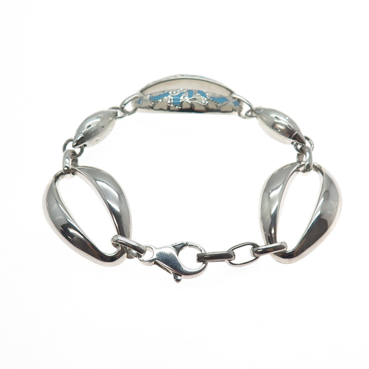 925 Sterling Silver Vintage Enamel Modernist Oval Link Bracelet 7.25"
