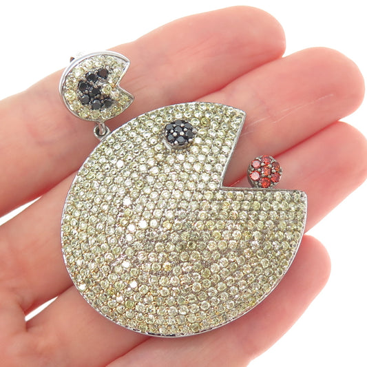 925 Sterling Silver Round-Cut Canary Black & Red C Z Pacman Pendant