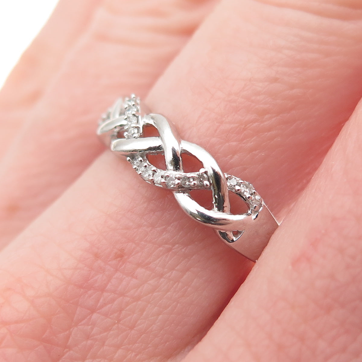 925 Sterling Silver Real Round-Cut Diamond Woven Ring Size 7.75