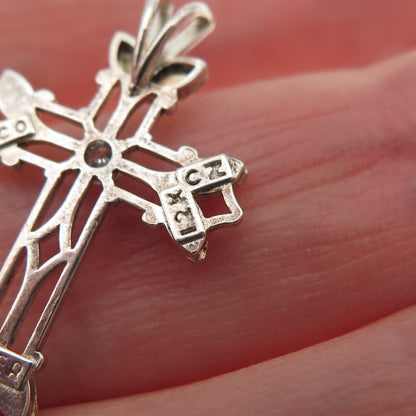 COLEMAN Sterling Silver 12K Rose & Yellow Gold Vintage C Z Floral Cross Pendant
