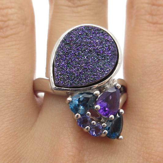 925 Sterling Silver Real Druzy Amethyst London Blue Topaz Iolite Ring Size 10.25