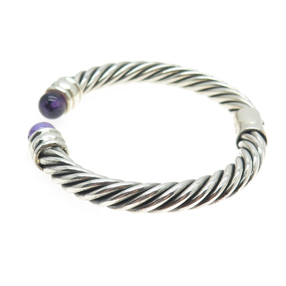 925 Sterling Silver Vintage Real Amethyst Twisted Cable Cuff Bracelet 7.25"