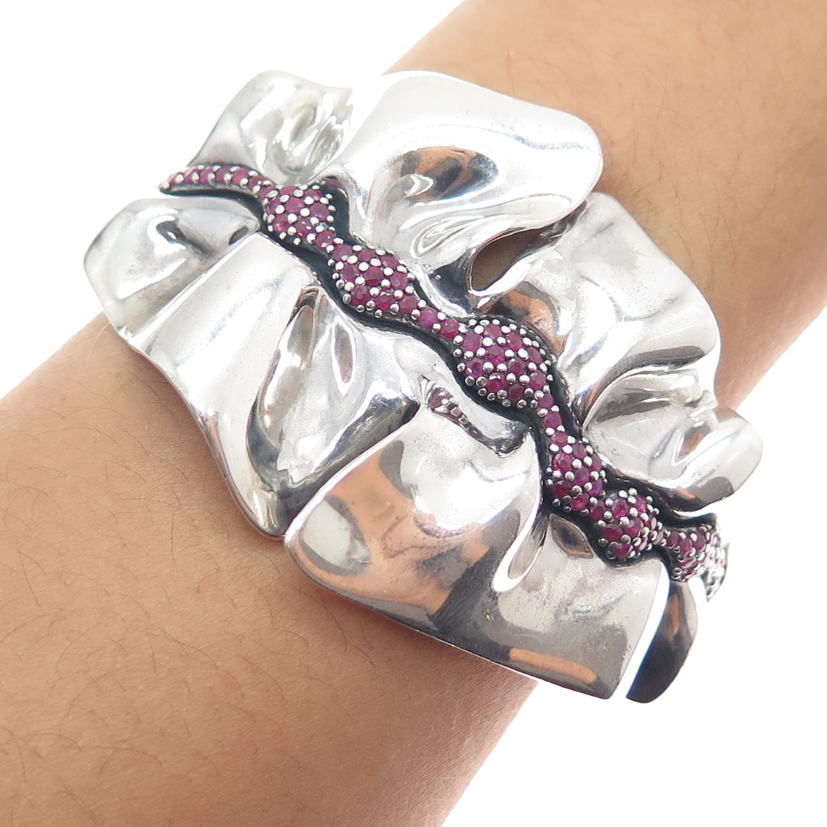 HAGIT GORALI Sterling Silver Vintage Ruby Modernist Adjustable Bracelet 6.75"