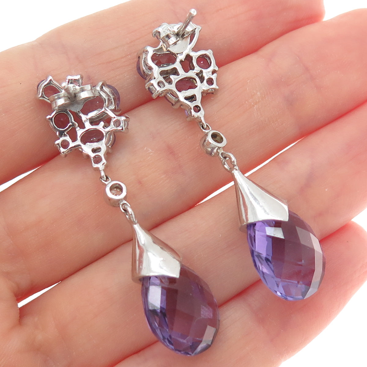 925 Sterling Silver Real Amethyst & White Topaz Dangle Earrings
